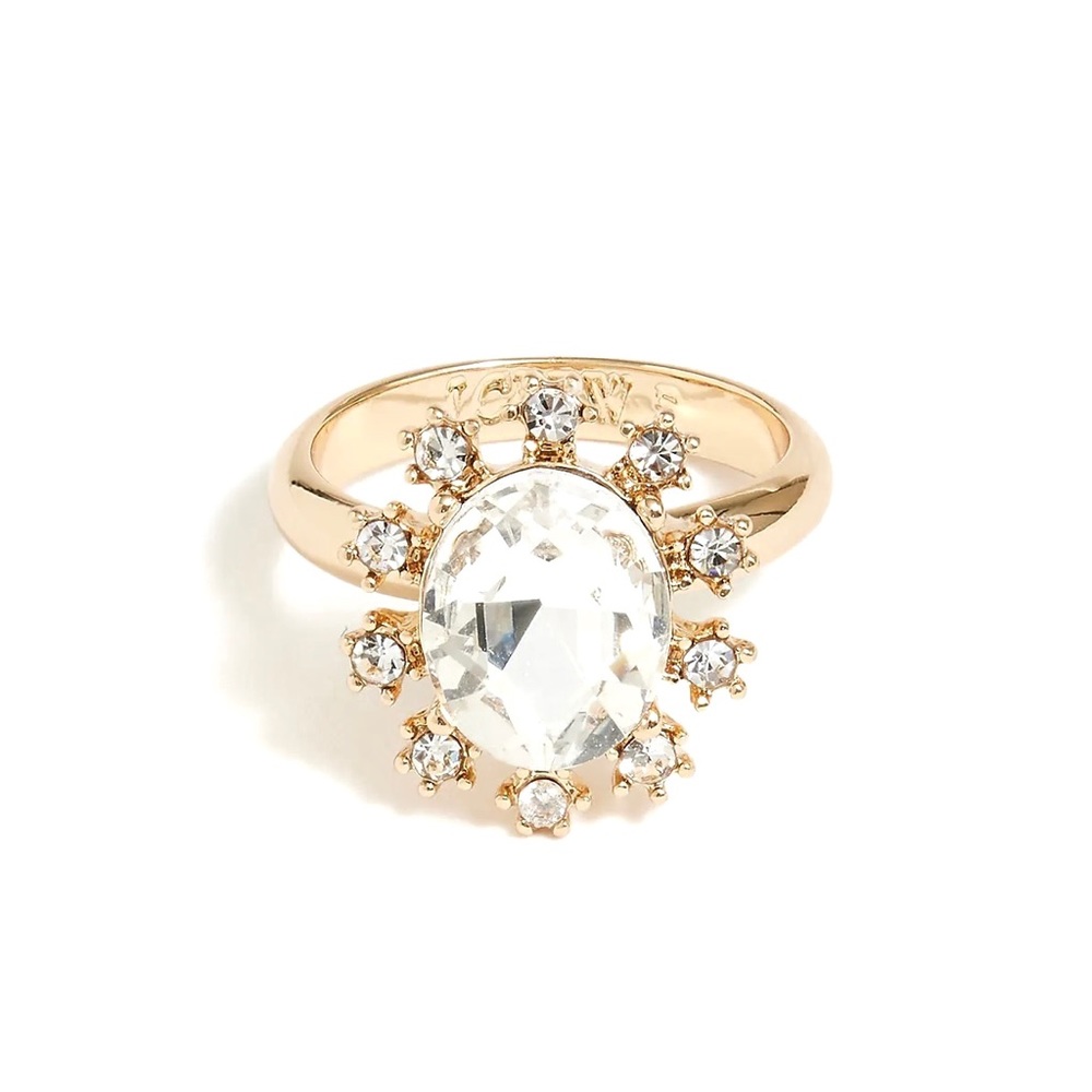 J. CREW Crystal Gem Ring Oval Rhinestone CZ Statement Ring 14K Gold Plated NWT